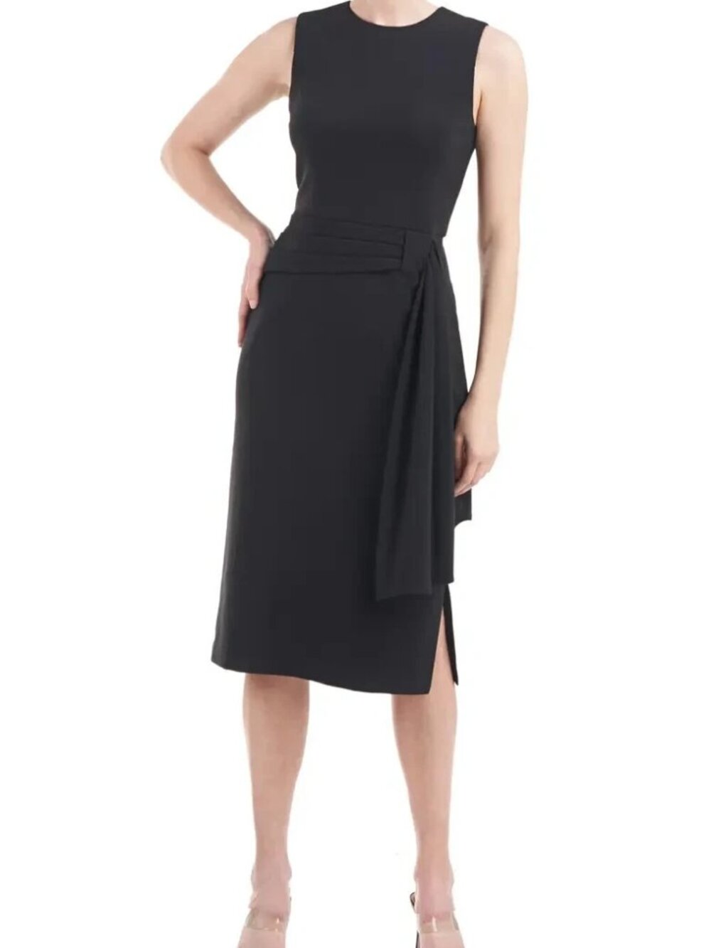 Kay Unger Black Raven Draped Sheath Midi Dress